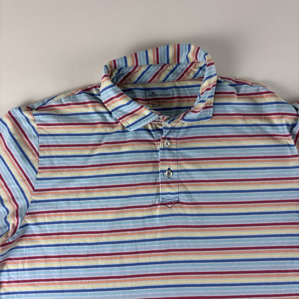 Peter Millar Men's Larg Golf Polo Shirt Pastel Rainbow Striped Pima Cotton Soft - Picture 3 of 8